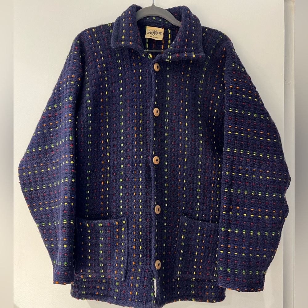 Las Americas Handknit Wool Cardigan Navy Made in Ecuador Estimated L